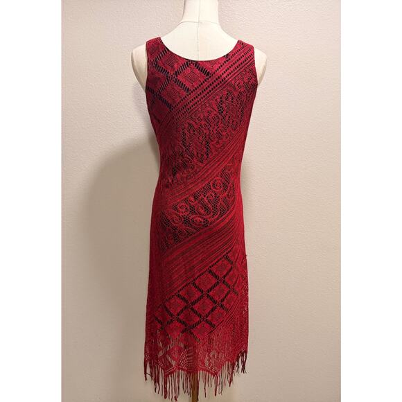 Vintage Harlow Crochet Fringe Flapper V Neck Dress Red Sleeveless Y2K Retro Fall - Picture 2 of 8